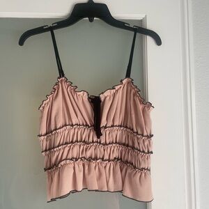 Forever 21 Women's Pink And Black Spaghetti Strap Ruffle Top Size M French Flare